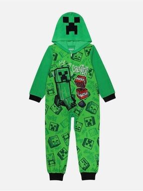 Green Creeper Graphic Kids One-Piece Footie with Hood